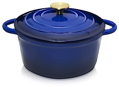 Schmortopf aus emailliertem Gusseisen – 5 qt Dutch Oven Topf mit Deckel und Stahlknopf – Gusseisen-Kochgeschirr mit Schlaufengriffen für Gas-, Elektro- und Keramikherde – Blauer Emaille-Dutch Oven zum