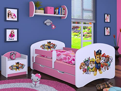 BDW Kinderbett Super Hunde - Babybett mit Matratze und Schublade - Bequem und Langlebig Rausfallschutz Bett - Kinderzimmer - Rosa (Motiv 3) - 180x90