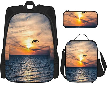 BAAROO 3-teiliges Set Rucksäcke Fliegen Sonnenuntergang Möwen Vögel Horizont Ozean Himmel Flug Vogel Küste Wolke Buch Tasche Reise Camping Arbeit S, farbe, 5.0cm*10.5cm*20.5cm, federmäppchen
