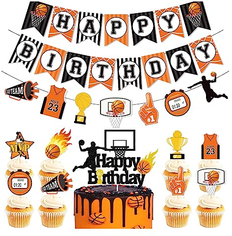 Daimay Basketball Party Dekorationen Happy Birthday Banner Kuchen Topper Slam Dunk Alles Gute zum Geburtstag Party Zubehör Geburtstagstorte Girlande Tortendeko für Basketballfans Dekorationen - NB2
