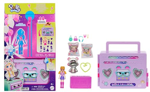 Polly Pocket-Puppe und Spielset, Diskoparty Fashion Reveal, Reisespielzeug zum Auspacken mit ca. 7 cm großer Hoodie Buddy-Puppe, 16 Zubehörteilen und lustigen Wasserüberraschungen, HRD65