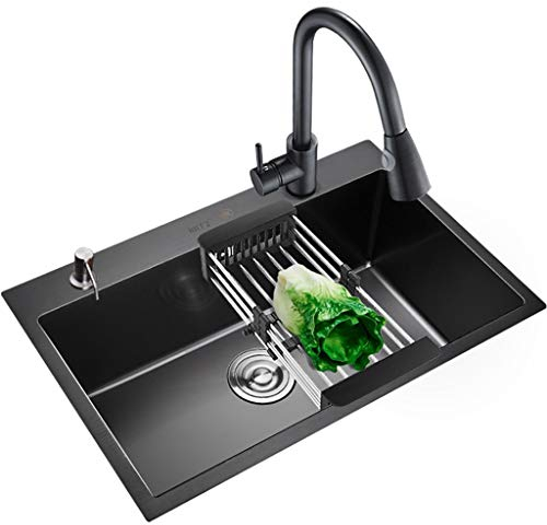 Éviers de cuisine Évier manuel en acier inoxydable 304 noir Grand évier ménager à une fente Lave-vaisselle épaississant Support de cuisine (Noir 60 * 45 * 21cm)