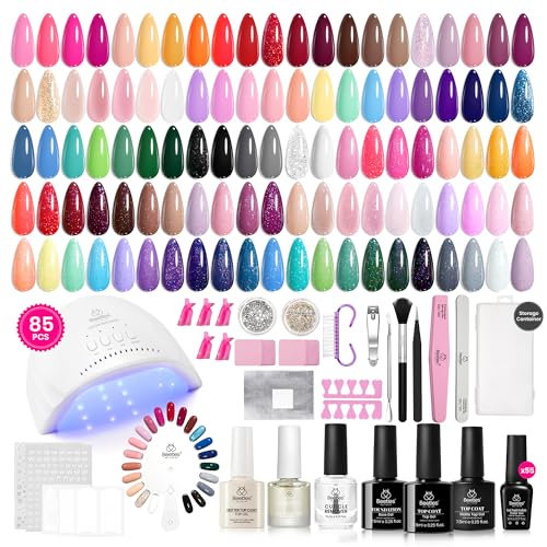 Beetles Gel Nail Polish Kit with UV Light 85 Pcs Seasonal Symphony 55 Colours Gel Polish Nail Set with Diamond Decorations & Nail Art Stickers and Manicure Tools Soak Off All Season Gel Nail Kit