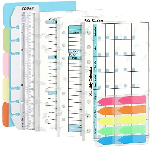 A6 Budget Planner Nachfüllset, Prefdo 82 Blatt Wochenplaner Monatskalender Einlagen 6-Loch Budgetplaner mit Bindertasche, Papiertrenner, Lineal, Index-Tabs (Set 3)
