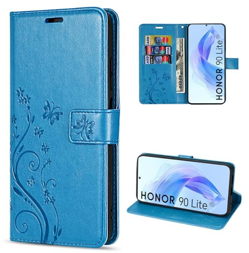 betterfon Hülle Kompatibel mit Honor 90 Lite | Premium PU Leder Handyhülle Wallet Case für 90 Lite | Schutzhülle Blumen Klapphülle Handyhülle | Blau