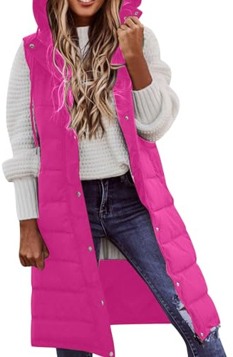 OCCOKO Damen Langer Wintermantel Weste mit Kapuze ärmellos warmer Daunenmantel mit Taschen Steppweste Daunenjacke Outdoorjacke Glanznylon (Hot Pink, L)