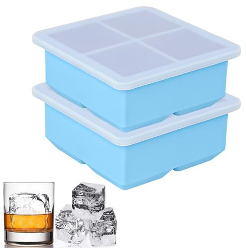 Extra Large Ice Cube Mold with Lid, 2 Pack Silicone Ice Cube Freezer Trays, 2 Inch Giant Ice Cube Molds for Whiskey Bourbon Cocktails Coffee Soup Ice Cubes Tray, Blue