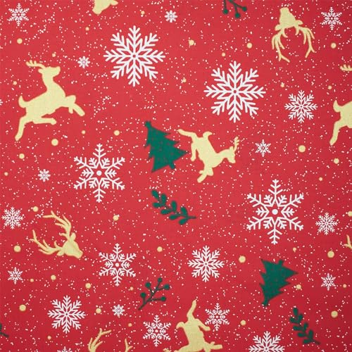 Baumwollstoff Rentiere und Eiskristalle mit Glitzereffekt, Weihnachten, rot (Länge am Stück: ab 50cm / Breite: 150cm)