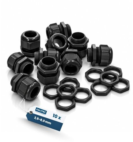 Kalitec 10x Kabelverschraubung M16 - Wasserdichte Kabeldurchführung IP68 | Set mit Gegenmutter Schwarz - Klemmbereich 2,5-8mm - Halogenfreier Kunststoff - Vibrationssichere Zugentlastung für Industrie