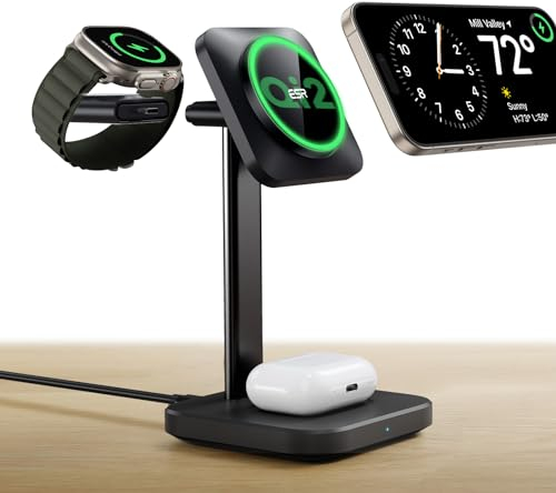 ESR Qi2 3-in-1Ladestation für Apple, Zertifizierte MagSafe-Ladestation für iPhone, Magsafe-Ladestation für iPhone 16/15/14/13/12, Apple Watch und AirPods 4, Schwarz