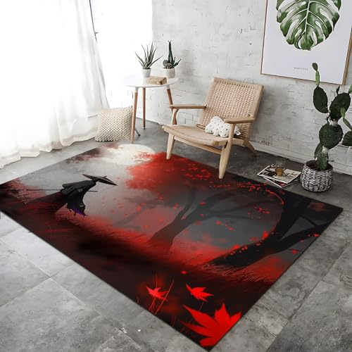 Samurai Thema Teppich 80×150 cm – Rutschfester Waschbarer Kurzflor Teppich aus Flanell mit Japanischer Grafik – Perfekt für Wohnzimmer, Schlafzimmer, Büro oder Gaming-Setup