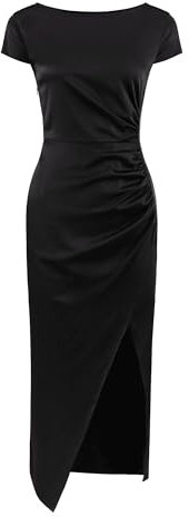 Hobemty Damen Partykleid U-Boot Ausschnitt Flügelärmeln Seitlich Schlit Gerüscht Satin Kleid Schwarz L