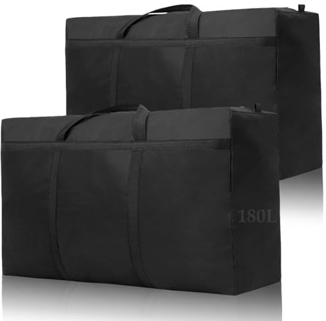 Kongming 2 Stück 180L Aufbewahrungstasche xxl Wasserdichte 600D Oxford Schwarz Extra Groß Umzugstaschen mit Reißverschluss Handgriff für Bettdecken Kissen Kleidung Bettwäsche Aufbewahrung Umzug