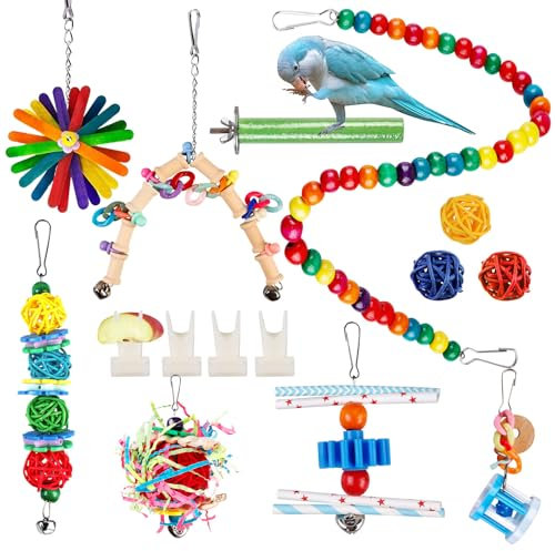 15 Stück Vogelspielzeug Für Papageien, Holz Wellensittich Spielzeug, Papageienspielzeug, Vogelkäfig Spielzeug, Vogelkäfig-Zubehör, Bunt Vögel Spielzeug Sitzstangen Plattform, Für Alle Papageien Vogel