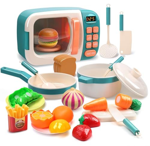 Cute Stone Microwave Toys Kitchen Play Set Age 3+, Kids Pretend Play Electronic Oven with Play Food, Kids Cookware Pot and Pan Toy Set, Cooking Utensils,Great Learning Kitchen Toys for Girls Boys