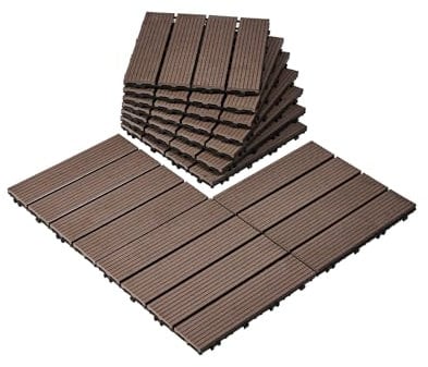 VEVOR Piastrelle per Terrazza ad Incastro in Legno Plastica 27 Pezzi 300 x 300 x 20 mm 25,4 m², Impermeabili per Esterni Tutte Stagioni, per Portico, Bordo Piscina, Balcone, Cortile, Marrone Scuro