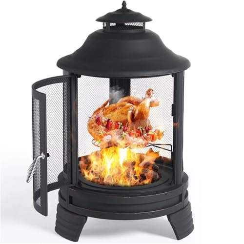 Outdoor Feuerstelle mit Grill Garten Terrasse Holzofen Heizung Ofen Gusseisen Kamin Heizung mit Funkenschutz für BBQ Hinterhof Terrasse