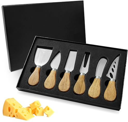 Bocguy Lot de 6 couteaux à fromage, ensemble complet de couteaux à fromage en acier inoxydable, râpe à fromage de qualité supérieure, manche en bois d'acacia pour fromage à pâte molle, fromage