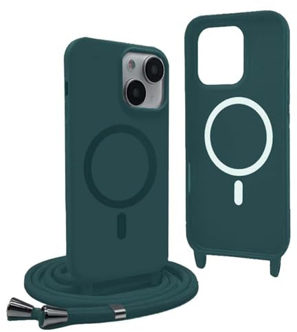 YFSYLL Handykette Hülle für iPhone 15 mit Band,Magnetische Silikon Handyhülle Kompatibel mit MagSafe,Handyhülle für zum Umhängen Einstellbar und Abnehmbar - Grün