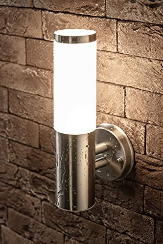 JungesLicht Außenlampe Edelstahl Wandleuchte 33cm, Ø76mm, E27 Fassung/Sockel, IP54 Wetterfest, 230Volt Aussenleuchte, Fassadenleuchte, Wandlampe, Aussenbeleuchtung, Outdoor, ohne LED Leuchtmittel