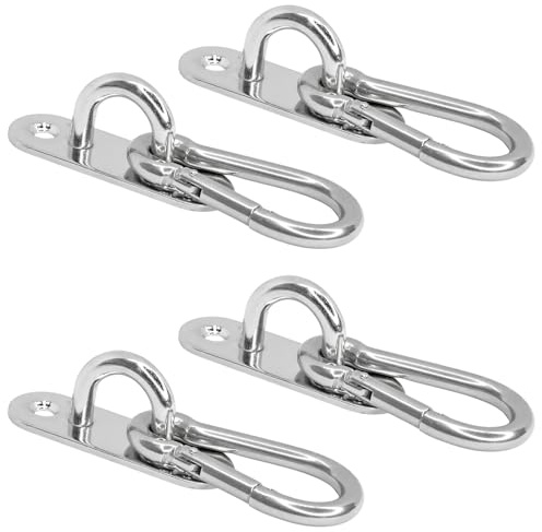 PRIOstahl Ösenplatte Augplatte Karabinerhaken - 4X Decksplatte 60x19mm + 4X Karabiner 6x60mm Wandhaken Deckenhaken zum Aufhängen Befestigung für Sonnensegel Boxsack Heunetz Rostfrei aus Edelstahl