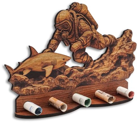 DRO Design Geldgeschenke, Geschenkverpackung Holz-Optik Tauchen Motiv – Bargeldgeschenk, Geldpräsent, Kreatives Geldgeschenk, Geburtstag, Hochzeit, Weihnachten