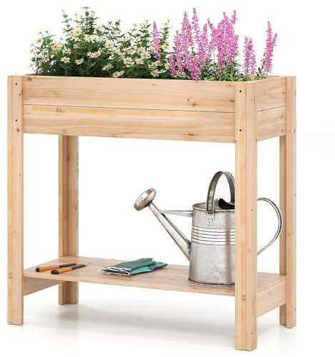 RELAX4LIFE Fioriera da Esterno, Orto Rialzato da Esterno con Ripiano Inferiore e Drenaggio, Fioriera Legno per Fiori, Erbe e Frutta, Design a Doghe per Balcone, Giardino (81 x 38 x 77cm, Naturale)