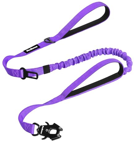 PetBonus Heavy Duty Taktische Hundeleine, 1,5m Bungee Hundeleine mit 2 Gepolsterten Griffen, Autosicherheitsgurt, No Pull Trainingsleine für Große und Mittlere Hunde (Lila)