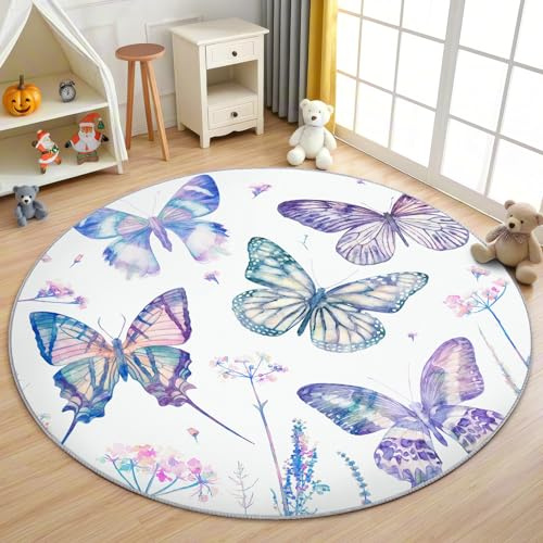 AevuCub Lila Schmetterling Teppich Rund 120cm Kurzflor - Waschbare Teppiche Wohnzimmer Mädchen Kinder - Runder Teppich 200 cm Durchmesser Kinderzimmer - Bettvorleger Schlafzimmer rutschfest Weich