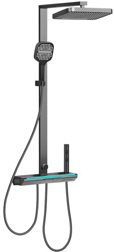 Duscharmatur Komplettset mit Temperaturanzeige und Licht, Duschsystem mit Armatur inkl 4 Verschiedene Wasserausgänge mit Oberdüse, 3 Modi Handbrause, Waschtischarmatur und Spritzpistole