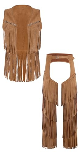 Raenseen Mens Western Cowboy Costume Faux Suede Rivets Vest Top with Tassel Chaps Trousers