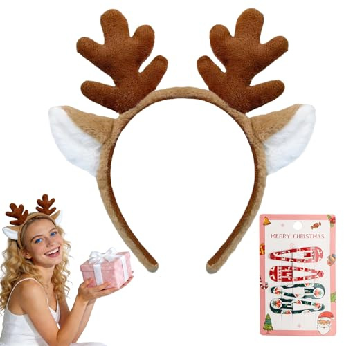 YOKJGHDO Reh Ohren Haar-Rehohren-Set, Rentier Geweih Haar-Reif mit Haarklammern, Für Damen und Mädchen, Perfekt Für Karneval, Weihnachtsfeiern und Cosplay