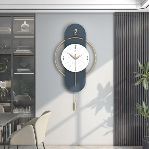 JIUJIUDA Große Moderne Lautlos Metall Wanduhren mit Pendel für Wohnzimmer | Blau Dekorative XXL Wanduhr Quartz Stille Batteriebetrieben Ohne Tickgeräusche für Schlafzimmer Küche Büro Haus,35x72cm