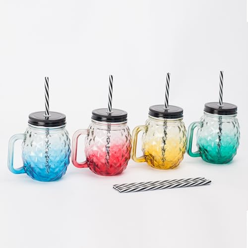 Relaxdays Trinkgläser mit Deckel & Strohhalm, 4er Set, 500ml, Ananas-Design, Schraubverschluss, Henkel, Glasbecher, bunt