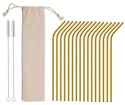 16 Edle Strohhalme aus Edelstahl Wiederverwendbar, Mit 2 Reinigungsbürsten und Tasche, Strohhalm aus Metal, Trinkhalm, Reusable Straws, Geschenk, Umweltfreundlich und Spülmaschinenfest (Gold)