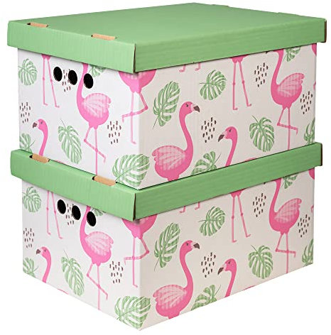 Cardboard Storage Boxes with Lid, Decorative Wardrobe, Closet, Home & Office Organiser with Handle, Flat-Packed, Stackable File Box, Gift for Adults & Kids, Set of 2, Large - Flamingos and leaves