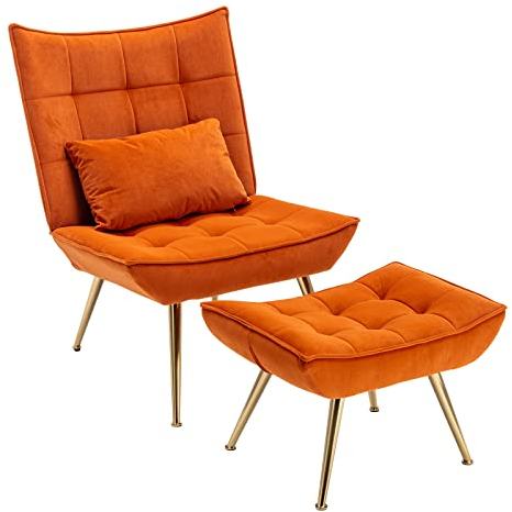chairus Samt Loungesessel Relaxsessel mit Hocker Modern Polsterstuhl Fernsehsessel mit Lendenkissen Lesesessel für Wohnzimmer Balkon (Orange)