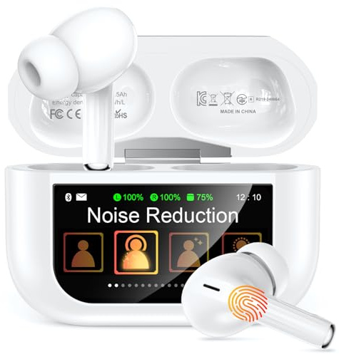 ZZU Kopfhörer Kabellose Bluetooth mit Smart Touchscreen, 48 Std. Laufzeit, Bluetooth 5.4 In-Ear Ohrhörer mit ANC & ENC Geräuschunterdrückung, 5 EQ-Modi, HiFi Stereo, IPX7 Wasserdicht Weiß