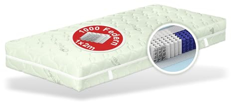 Matratze mit 1000 Federn, Top Anpassung, 23cm hoch, 4 Härtegrade mit 7-Zonen Taschenfederkernmatratze Modell München, 100 x 200 cm – mit Aloe-Vera veredeltem Bezug, Härtegrad H5, Höhe 23 cm