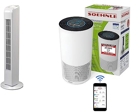 JUNG Lifetime Ventilator leise 78cm, Turmventilator Energiesparend + Soehnle Airfresh Clean 500 Luftreiniger Allergiker, Luftfilter 99,5% CADR 300m³/h bis 78m² Raucherzimmer weiß/schwarz