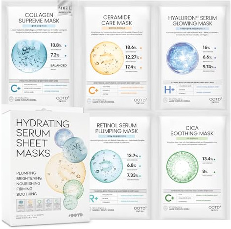 Hydrating Sheet Mask Starter Kit Variety Pack for Skin Care, Dry, Ance, Sensitive Skin, Korean Vegan Facial Sheet Mask for Men & Women, Collagen, Cica, Ceramide, Hyaluron, Retinol 5EA