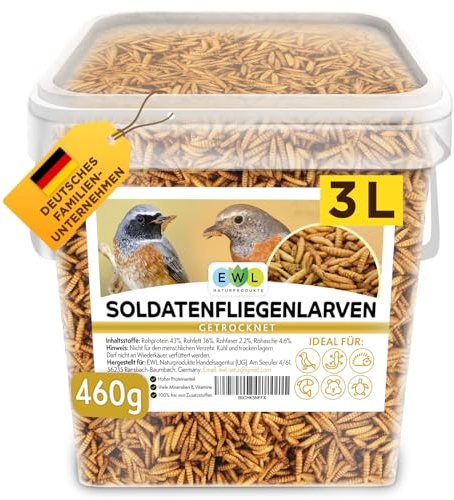 EWL Naturprodukte Soldatenfliegenlarven getrocknet 3 ltr. Premium Insektensnack Vögel, Fische, Schildkröten, Nager, Reptilien, Vogelfutter Wildvögel Ganzjährig Eichhörnchen Futter Igelfutter, 460g