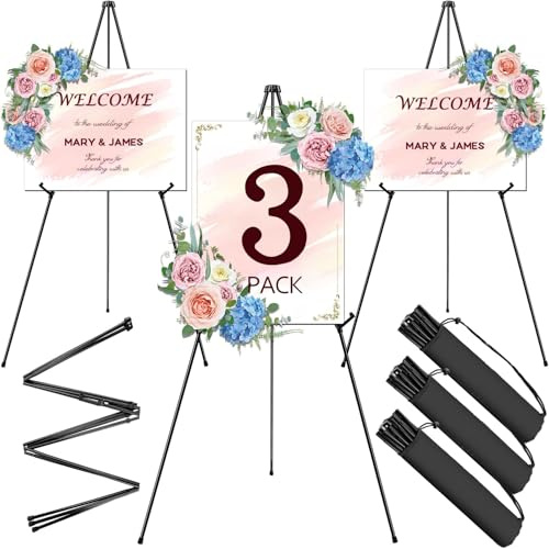 AROIC 63 Easel Stand for Display, 3 Pack Portable Foldable Metal Easel, Easels for Signs Wedding Logos,Arts, Painting,Adjustable Floor Easels with 3 Storage Bag