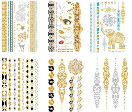 Fenglin-joy Tatouages Temporaires, 6 Feuilles de Doré Temporaires Tattoos Étanche Faux Tatouages Pour l'art corporel, les tatouages festifs sur les bras, la poitrine, les pattes arrière
