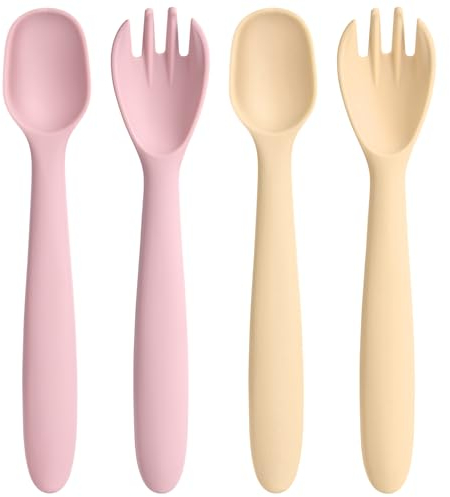 HOTUT Cucharas Bebe y Tenedor Bebe Aprendizaje, 4PCS Cucharas y Tenedores para Bebés de Silicona, Cuchara y Tenedor de Silicona con Asas Flexibles, Sin BPA, Juego de Cubiertos para Bebés