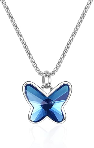 GEORGE · SMITH Halskette Schmetterlings Kristall für Damen Mädchen Versilbert Halskette mit Herz Anhänger, Schmuck Geschenke zum Valentinstag Weihnachten für Frauen Freudin (Blue)