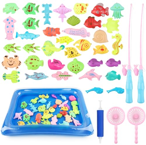 badaren Angeln Spielzeug, 43-Teiliges Magnetisches Angelspiel, Badespielzeug, Angelspiel Badespielzeug mit Pool, Angelrute und Netz, Magnet angelspiel für Kinder, Geschenk für Mädchen und Jungen