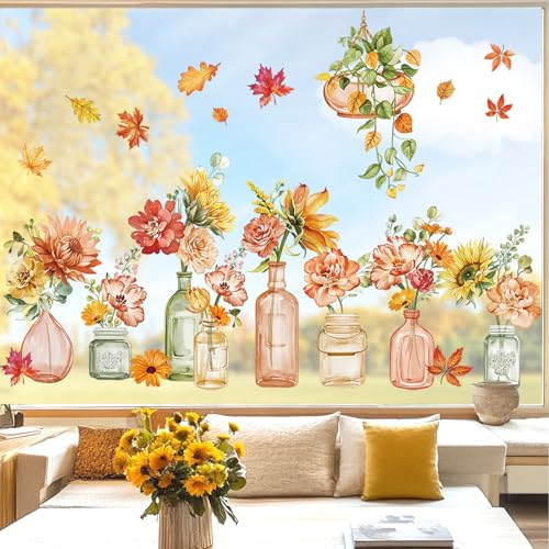 wondever Stickers Fenetre Boho Fleurs en Pot Autocollant Fenêtre Automne Feuilles Floral Electrostatique Anti-Collision Décoration pour Automne Vitre Stickers