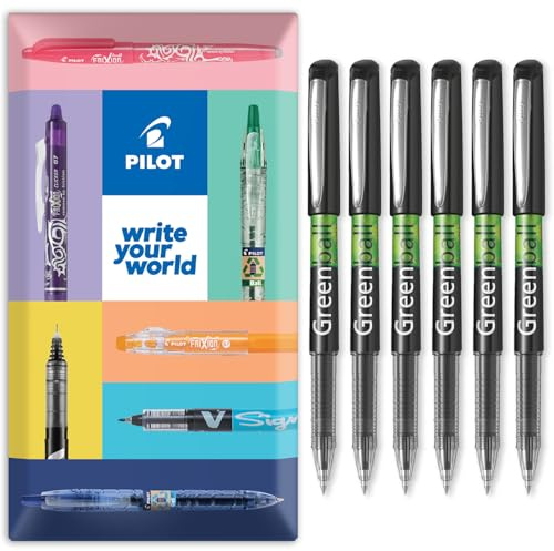 PILOT GreenBall Liquid Ink Rollerball Pen - Begreen Range 89% Recycled - Pack of 6 Pens - Medium 0.7mm Nib - Ideal for Writing, School, Home, Revision, Office - In Envelope Gift Packaging (Black)