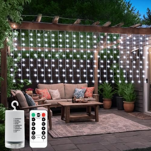 4M x 1M 200 LED Battery Curtain Lights Outdoor with Remote 8 Modes Timer | Outdoor Waterproof Light Curtain Dimmable for Garden Fence Gazebo Wall Party Decor (Cool White)